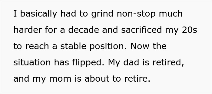 Text about a son pushed to be independent at 18, working hard for a decade while parents approach retirement.