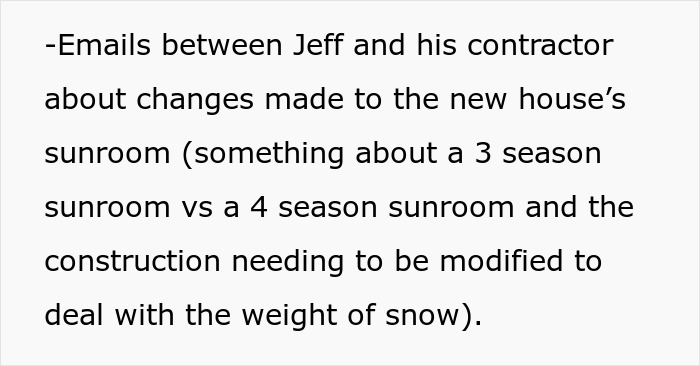 Text describing emails between Jeff and his contractor regarding sunroom modifications, part of the wife's friend's revenge.