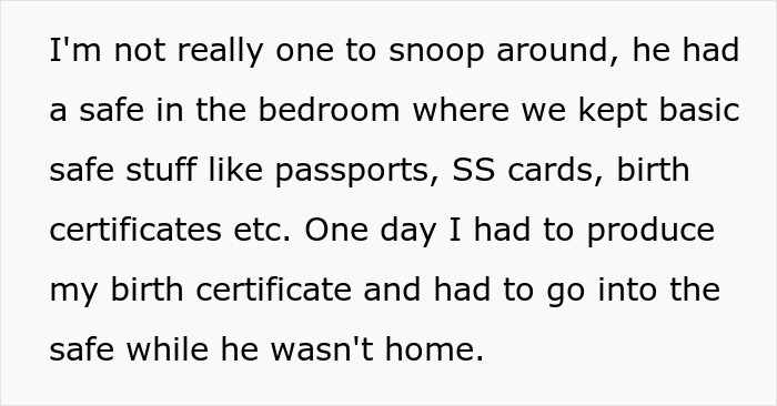 Text excerpt about discovering a safe and personal documents, relating to criminal and cheater exposed by ex girlfriend.