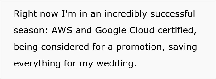 Text describes a successful person with certifications, promotion prospects, and wedding savings, contrasting with a toxic bestie's behavior.