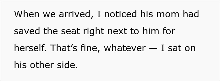 Text from a story describing a possessive boyfriend's mom saving a seat next to her son at a birthday party.