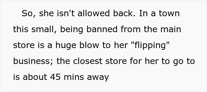 Text describing a small town store banning a scalper involved in a bulk item dispute and police action. Text describing a small town store banning a scalper involved in a bulk item dispute and police action.