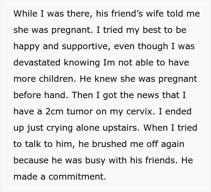 A screenshot of text about a wife heartbroken after cervical cancer diagnosis, feeling brushed off by her husband.