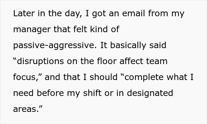 A manager's passive-aggressive email about "disruptions," telling an employee to avoid using their feeding tube in the office.