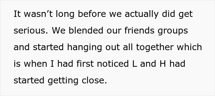 Text describing the woman discovering her husband and best friend's affair as L and H get close.