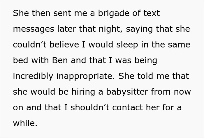 Text screenshot of a sister's mom's angry reaction to her sleeping in bed with her scared 9YO brother.
