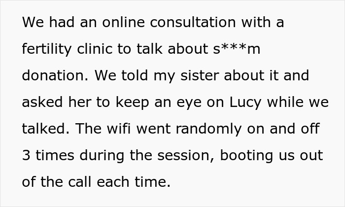 Text discussing online consultation at a fertility clinic and asking sister to watch kid during the call with wifi interruptions.