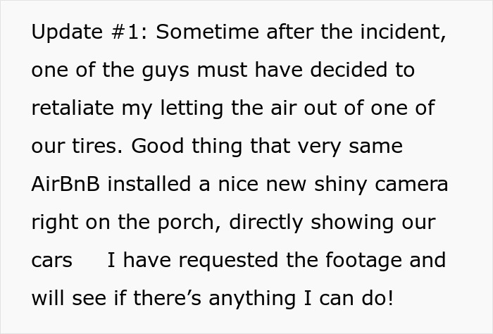 Text update about entitled guests retaliating after woman's parking spot is taken, showing camera footage of the cars involved.