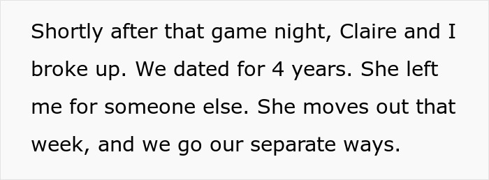 Text excerpt describing a breakup after four years as the ex-girlfriend cheats then demands removal from a friend's wedding.