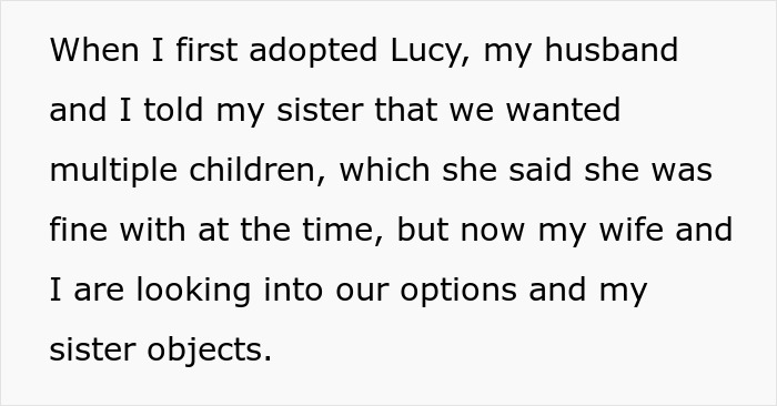 Woman makes sister adopt her kid, then tries to prevent her from having more children, causing family conflict.