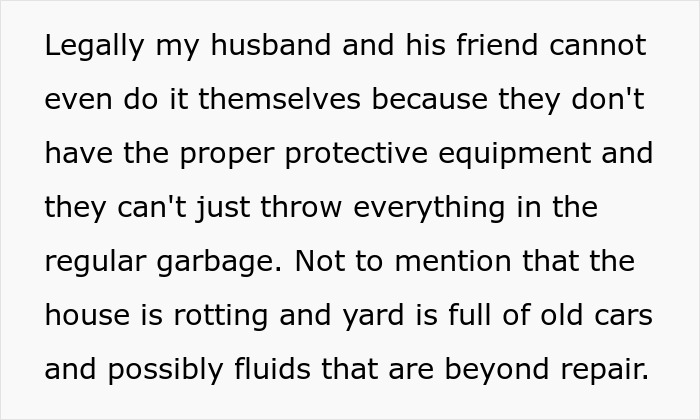 Text snippet about a husband's house and hoarder problem, emphasizing the need for proper disposal and finances.