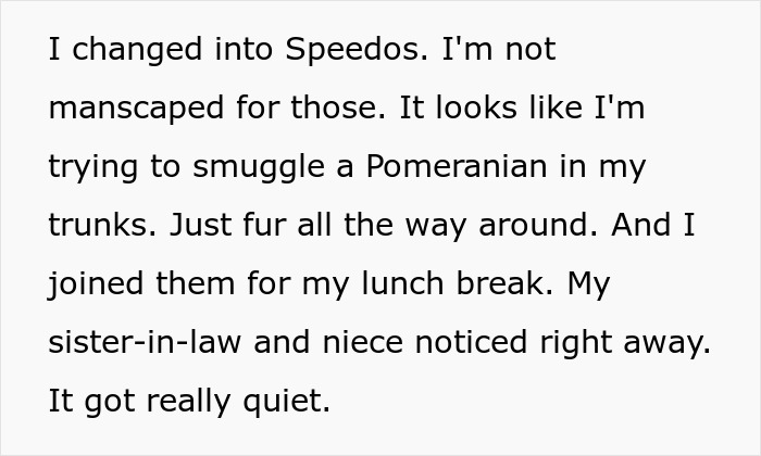 Man makes family uncomfortable by changing into Speedos during lunch break, highlighting awkward family interactions at home.