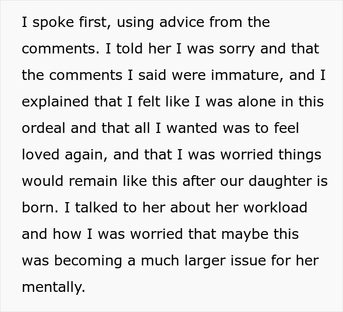 Text excerpt from a personal story about marriage trouble and feeling alone during a pregnant partner's career changes.