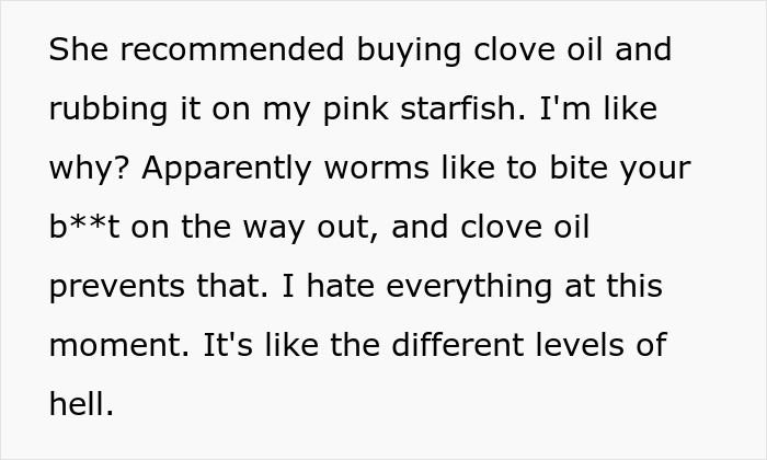 Text about clove oil advice to treat tapeworms from a woman who brought home a cute senior cat with expensive regret.