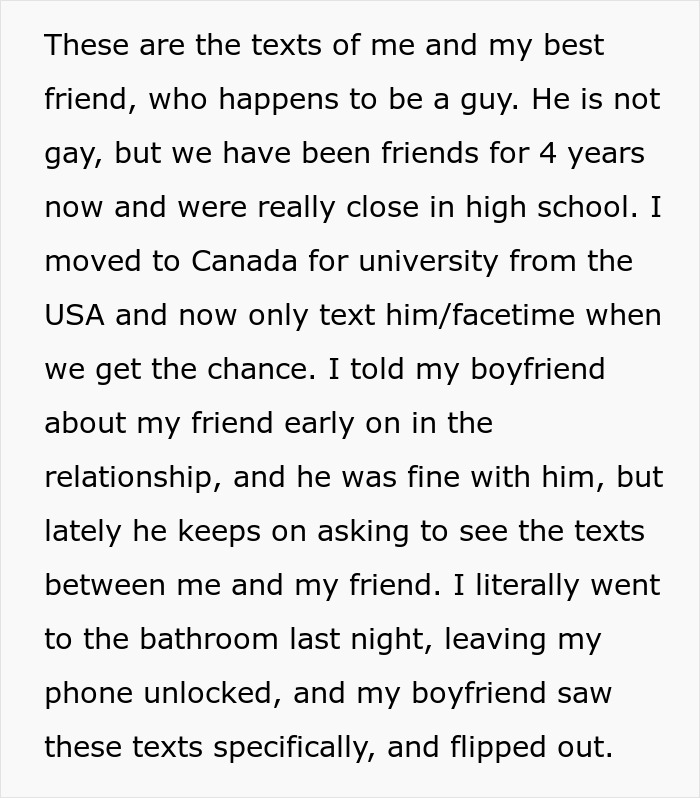 Text describing a girlfriend&rsquo;s close connection with her male best friend causing confusion and conflict with her boyfriend.