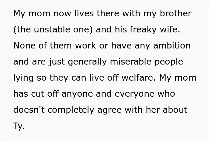 Text excerpt highlighting a woman’s story about her mom involving family conflicts and a chaotic living situation.