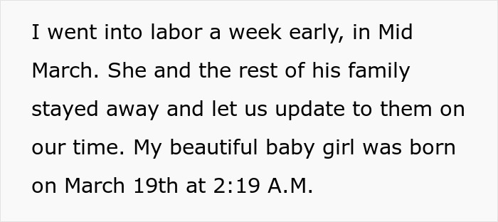 Text on a light gray background, detailing a baby's birth and family's respectful distance, avoiding a messy fight over a baby name.