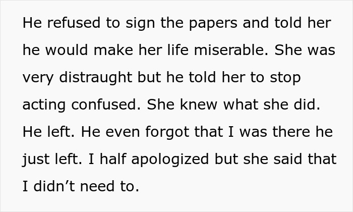 Text on a white background: a guy refuses to sign divorce papers, creating a dramatic scene with his childfree ex after her baby bump.