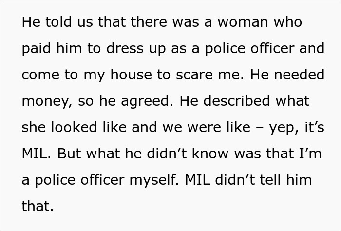 Text excerpt describing a scheme involving a fake police officer hired to scare someone, unaware the target is a real officer.