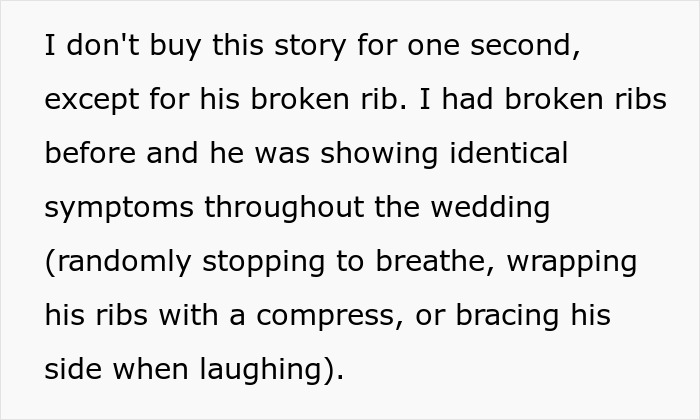 Text excerpt discussing broken rib symptoms shown by a man during a wedding, related to ex-girlfriend cheating and wedding drama.
