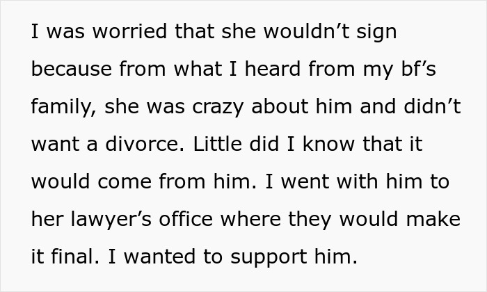 Text on a white background: divorce papers. The narrator worried about the ex not signing but found the resistance was from him.