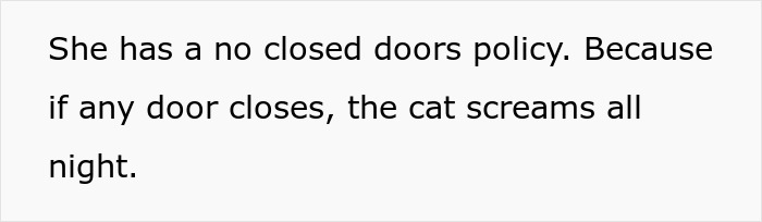 Text image with a humorous quote about a cat lady&rsquo;s no closed doors policy to avoid her cat screaming all night.