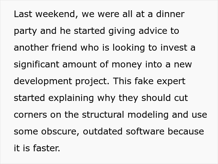 Man plays expert at dinner party giving bad advice, real expert challenges him, resulting in him getting destroyed.