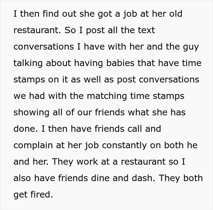 Text excerpt describing an army wife cheating on her deployed husband and his revenge through exposing her actions publicly.