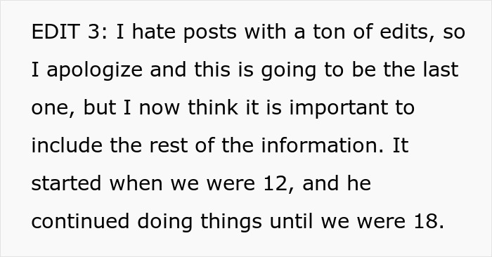 Text excerpt discussing a man's creepy confession that started when they were 12, affecting their relationship.