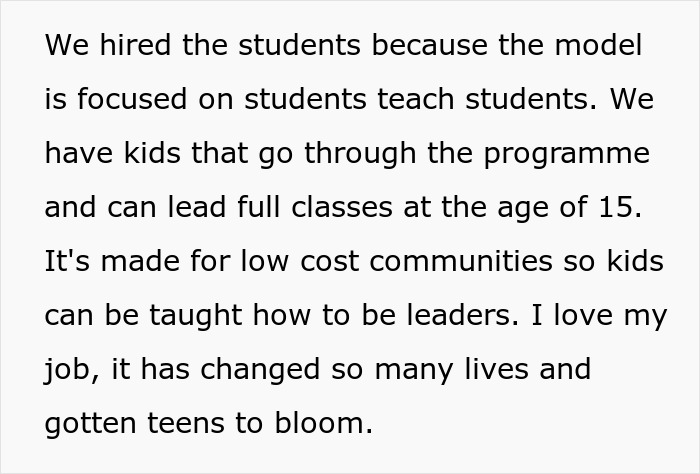 Text describing kid work mother fired, highlighting kids teaching and leadership in low cost communities for teens. Text describing kid work mother fired, highlighting kids teaching and leadership in low cost communities for teens.