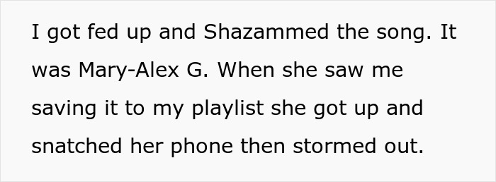 Text excerpt showing a woman using Shazam to identify a song, and her boyfriend’s cousin throwing a tantrum over it. Text excerpt showing a woman using Shazam to identify a song, and her boyfriend’s cousin throwing a tantrum over it.