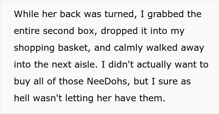 Text excerpt describing a confrontation between a scalper and a lady over bulk items in a store aisle. Text excerpt describing a confrontation between a scalper and a lady over bulk items in a store aisle.