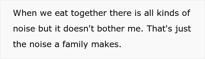 Text image showing a family discussing noise during meals and the concept of typical family noise.