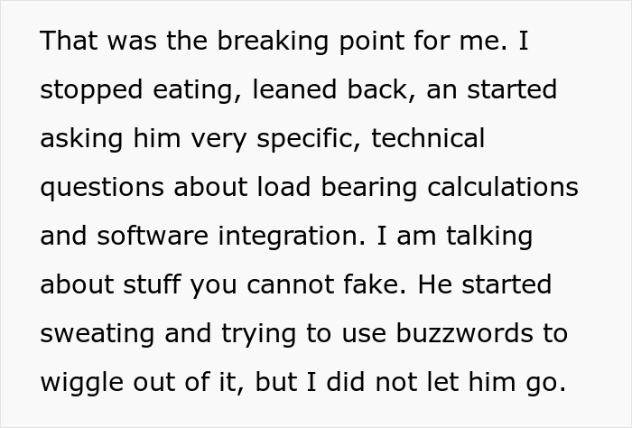 Text excerpt from a dinner party where a man playing expert struggles under technical questions about load bearing and software.