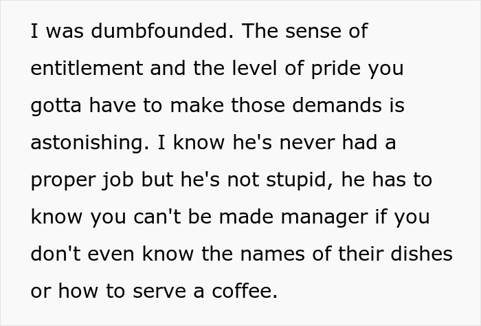 Text excerpt about a man’s opinion on his best friend working as a server, highlighting pride and job knowledge. Text excerpt about a man’s opinion on his best friend working as a server, highlighting pride and job knowledge.