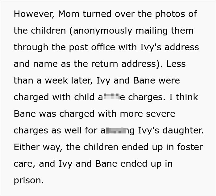 Text about an entitled woman damaging a guy&rsquo;s car and the ensuing child a***e charges resulting in children taken away.