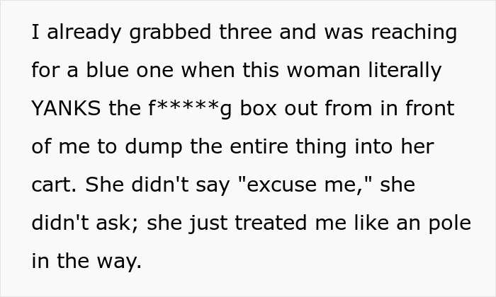 Text describing a person angrily grabbing bulk items at a store, illustrating a scalper dispute and confrontation. Text describing a person angrily grabbing bulk items at a store, illustrating a scalper dispute and confrontation.