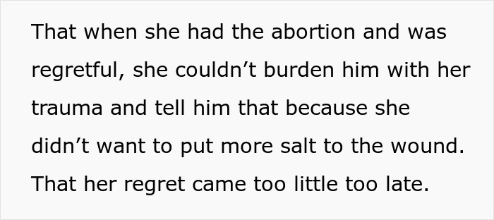 Text on a screen discussing a woman's regret about an abortion, feeling unable to burden her ex. Divorce papers and baby bump context implied.