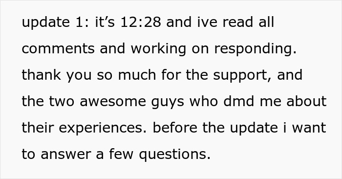 Text from a post by a Guy, reading an update about support and experiences related to his situation with his GF and his Bro. Text from a post by a Guy, reading an update about support and experiences related to his situation with his GF and his Bro.
