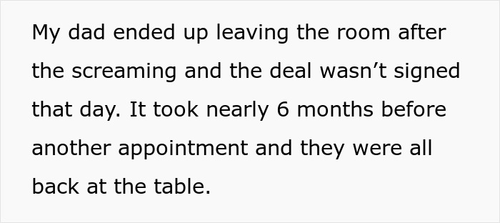 Text excerpt on a white background describing a family dispute leading to a delayed deal and tense negotiations over six months.