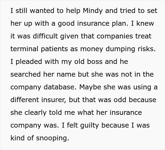 Paragraph of text about a woman trying to help with insurance amid cheating and scamming issues revealed by her best friend on local news.