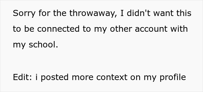 Text post apologizing for a throwaway account, explaining it is not linked to the user&rsquo;s school account.