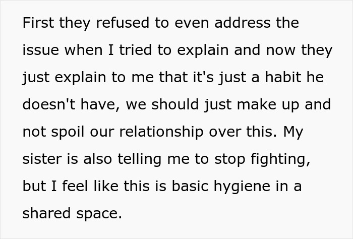 Text on a screen discussing family conflict about a gross dad wetting the toilet seat, with a daughter wanting hygiene.
