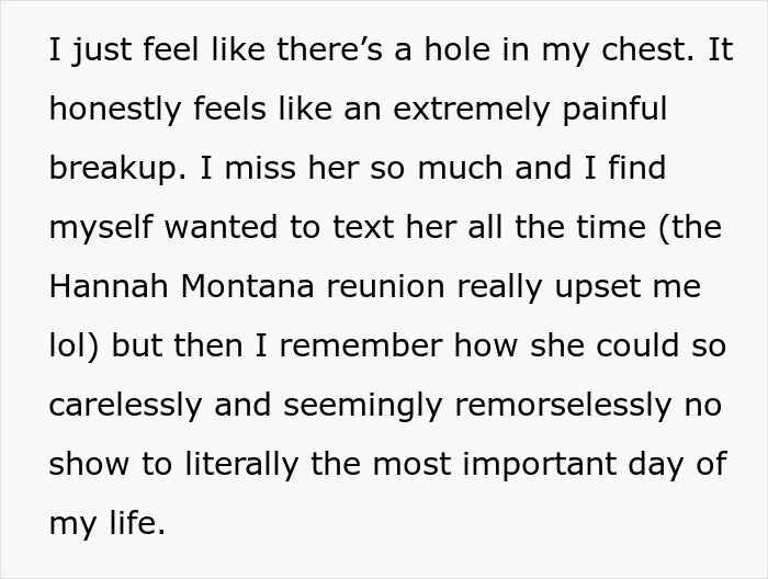 A bride's heartbroken text message about her best friend skipping her wedding due to being "not feeling well."