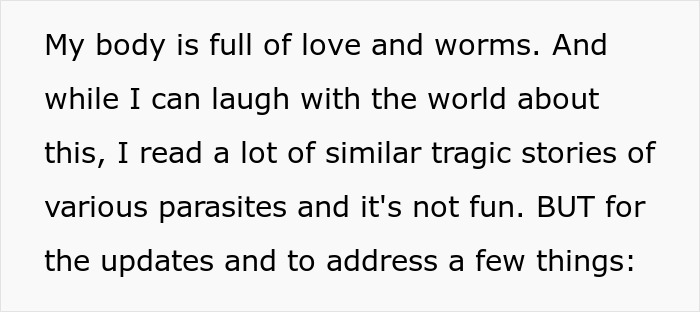 Text excerpt discussing love and worms, mentioning tragic stories of parasites and addressing updates about tapeworms in senior cats.