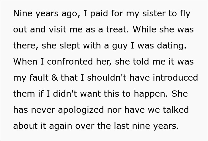 Text excerpt about a lady hooking up with her sister&rsquo;s boyfriend and family dynamics around a wedding invitation.