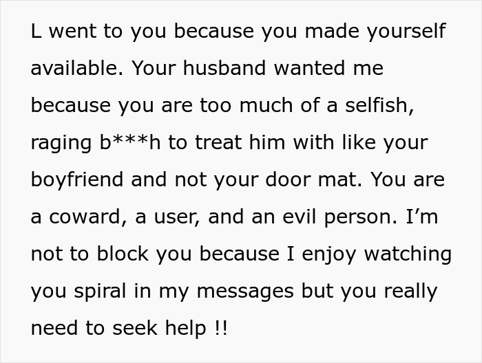 A text message revealing details of husband and best friend's affair, with harsh accusations and disturbing details.