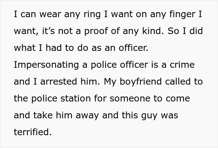 Text excerpt about an officer arresting a man impersonating a police officer, involving homophobic MIL and son’s boyfriend.