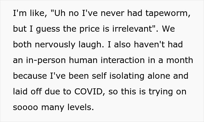 Text excerpt about woman nervously discussing tapeworm cost after bringing home a senior cat, highlighting expensive regret.