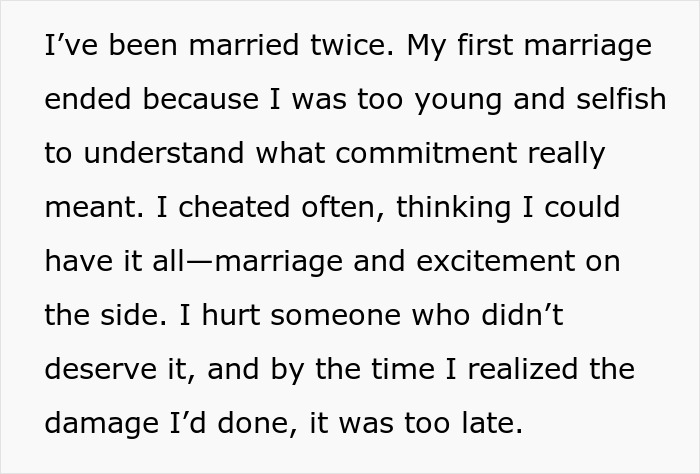 Text excerpt about a cheater reflecting on mistakes and the harsh lesson learned chasing a fantasy in relationships.